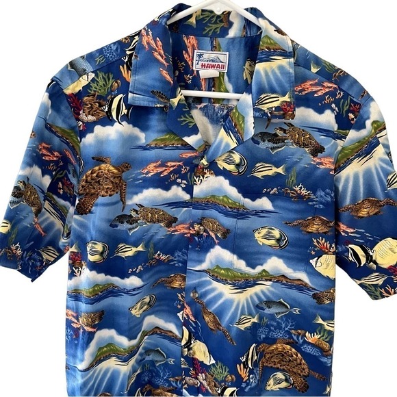 Vintage Hawaii Brand Sea Turtles Blue All Over Print Hawaiian Shirt Made In USA - Picture 2 of 5